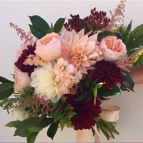 Burgundy And Mauve Bouquet, Pink And Maroon Flower Arrangements, White Blush Pink Burgundy Bouquet, Wedding Flowers Dahlia Burgundy, Rosewood Flower Bouquet, Burgundy Pink Flower Arrangement, Pink And Burgundy Flower Arrangements, Burgundy Pink Bouquet, Dahlia Bridal Bouquet Burgundy