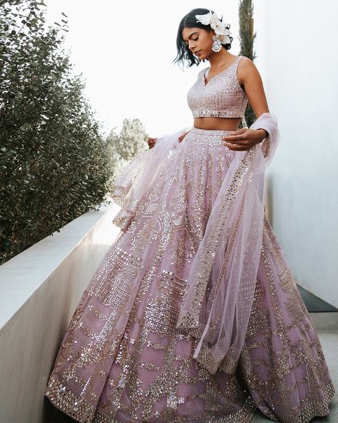 Lilac Purple Mirror Lehenga | Seema Gujral Lehenga Purple, Lilac Lehenga, Mirror Lehenga, Designer Lehnga Choli, Seema Gujral, Purple Lehenga, Reception Outfit, Indian Fashion Trends, Purple Mirror