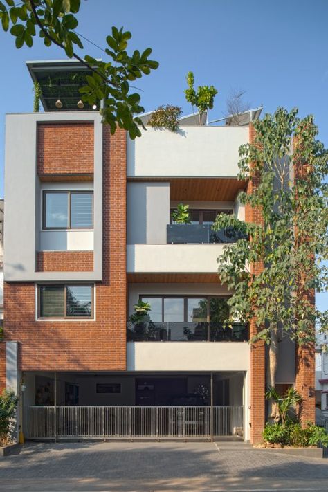 Residence that Showcases Subtle Tints with Modern Design Elements | Studio DSA - The Architects Diary Outside Elevation Design, Brick Cladding Elevation, Modern Residence Facade, Brick Elevation Architecture, Modern Bunglow Elevations, Small Building Facade, Brick Elevation Design, Small Residence Elevation, Brick Cladding Exterior House