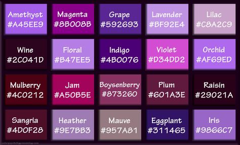 Shades of Purple & Names with HEX, RGB Color Codes Shades Of Purple Names, Purple Color Names, Purple Rgb, Purple Hex, Purple Color Code, Purple Names, Rgb Color Codes, Black Color Palette, Hex Color Palette