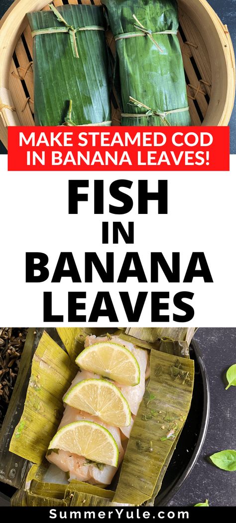 Follow this easy recipe for steamed fish in banana leaf; it might become your new favorite way to cook fish! Steamed cod is a healthy lean protein that is packed with essential vitamins and minerals. Unlike when you steam fish in parchment paper, steamed fish in banana leaves imparts a subtle flavor to seafood. It's the perfect cooking method for mild white fishes such as cod! #lowcarb #keto #glutenfree #dinner #lowcalorie #weightloss #fish Steamed Fish In Banana Leaf, Banana Leaf Wrapped Fish, Fish In Banana Leaves Recipe, Banana Leaf Recipe Dishes, Banana Leaf Fish Recipe, Steamed Cod Fish Recipes, Banana Leaf Fish, Fish In Parchment Paper, Fish In Parchment