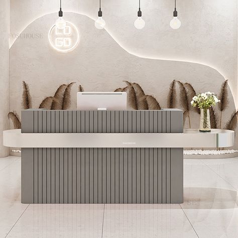 Light Luxury Clothing Bar Counter Nordic Stainless Steel Reception Desks for Beauty Salon Designer Grey Reception Desk, Luxury Reception Desks, Steel Reception Desk, Office Reception Table Design, Modern Office Reception, Reception Counter Design, Dental Office Design Interiors, Spa Store, Reception Desk Design