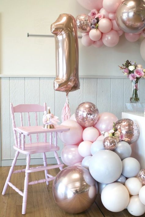 Kara's Party Ideas Pastel Floral Flamingo Birthday Party | Kara's Party Ideas 1st Birthday Girl Decorations, 1st Birthday Party For Girls, Gold First Birthday, Flamingo Birthday Party, Flamingo Birthday, Birthday Party Balloon