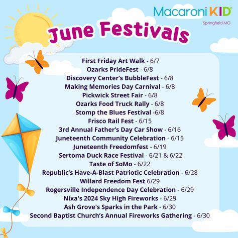 🌞👨‍👩‍👧‍👦 June is packed with fun festivals and events for families in Springfield, Missouri! From food festivals to outdoor concerts, there's something for everyone to enjoy. Plus, don't miss all the exciting 4th of July celebrations coming up soon! Check out our events calendar for all the family-friendly events and get ready for a summer full of fun! 🌟🎪👇 https://springfieldmo.macaronikid.com/events #SpringfieldMO #FamilyFun #JuneFestivals #4thofJuly #SummerVibes #CelebrateTogether #Family... Springfield Missouri, Outdoor Concert, 4th Of July Celebration, Springfield Mo, Food Festival, Event Calendar, Family Fun, Missouri, 4th Of July