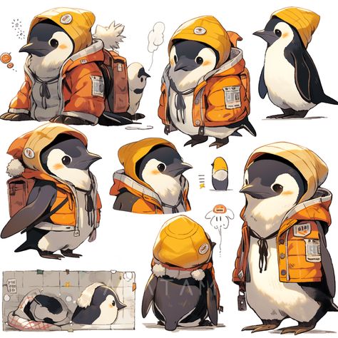 Cute Animal Concept Art, Animal Inspired Character Design, Penguin Character Design Concept Art, Animal Anime Characters, Animal Characters Design, Masked Woman Anime, Penguin Digital Art, Penguin Fursona, Penguin Concept Art