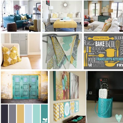 Design news! Karen's working on a big home reno and is getting inspired by a gray, teal and yellow color scheme. Aqua Living Room, Grey And Yellow Living Room, Yellow Decor Living Room, Yellow Color Scheme, Turquoise Living Room Decor, Living Room Turquoise, Teal Living Rooms, Living Colors, Yellow Kitchen Decor