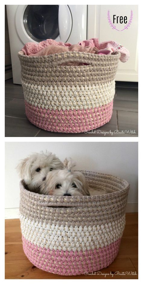 Laundry Basket With Handles Free Crochet Pattern #freecrochetpatterns #basket Beau Crochet, Crochet Storage Baskets, Crochet Basket Pattern Free, Basket Crochet, Crochet Storage, Crochet Basket Pattern, Crochet Simple, Haken Baby, Crochet Free