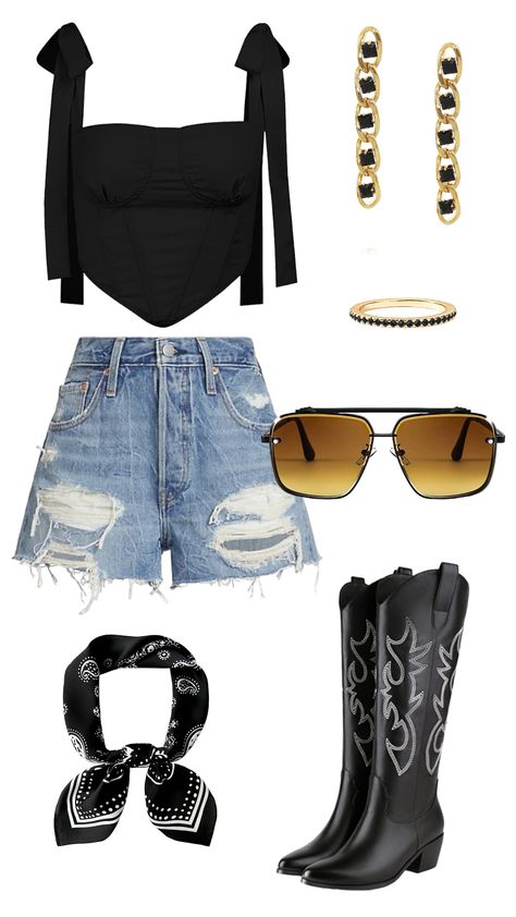 Country Concert Top Amazon, Gold Nashville Outfit, Casual Jean Office Outfit, Cow Girl Outfits Concert, Concert Outfit With Black Boots, Country Concert Black Boots, Bling Country Concert Outfit, Country Concert Outfits With Black Boots, Black Western Boots Outfit Summer