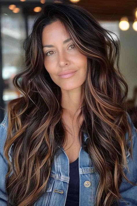 The Best Long Haircuts of 2024 Dark Chocolate With Blonde Highlights, Brunette Hair Color Highlights, Beachy Hair Color Brunette, Sunkissed Hair Brunette Dark, Dark Summer Hair, Icy Blondes, Best Long Haircuts, Long Haircuts, Brunette Hair With Highlights