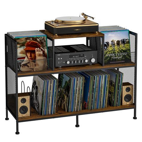 PRICES MAY VARY. Sturdy and beautiful: The vinyl record storage stand is designed with brown-grain particle board and solid iron tubing for durability and ease of cleaning and to ensure the stand's stability and longevity. The mid-century style design adds a unique charm to display your precious vinyl collection and adds an artistic ambiance to your music corner. Large capacity vinyl record storage: With its large capacity, our record cabinet can accommodate up to 350 albums. In addition to dedi Record Player Setup, Vinyl Record Furniture, Record Player Table, Record Storage Cabinet, Record Rack, Music Corner, Turntable Stand, Record Stand, Record Player Stand