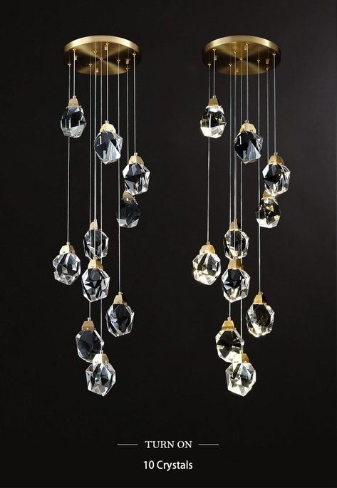 Modern Crystal Pendant Lighting - Pendant Lighting - Aurorae Lighting Internal Stairs, Staircase Pendant Lighting, Living Room Stairs, Lighting Living Room, Modern Hanging Lights, Modern Pendant Lighting, Modern Crystal Chandelier, Foyer Lighting, Crystal Pendant Lighting