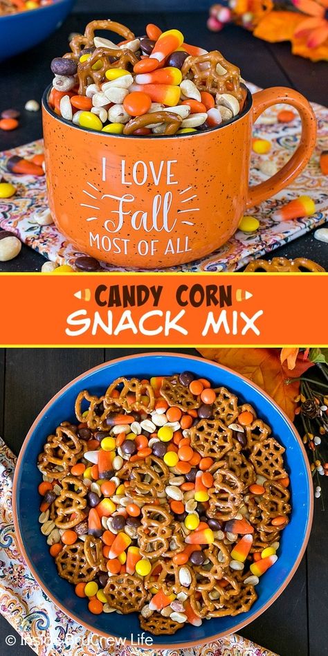 Autumn Trail Mix Recipe, Halloween Snack Mix With Candy Corn, Candy Corn Snack Ideas, Fall Snack Mixes Recipes, Candy Corn Snack Mix Recipes, Fall Snack Mix Sweet And Salty, Candy Corn Snacks, Candy Corn Mix Fall Snacks, Fall Mix Snack