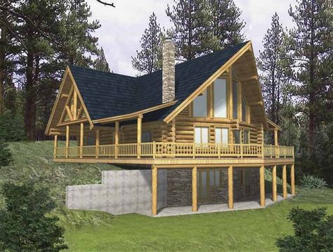 Log House Plan with 2263 Square Feet and 3 Bedrooms - loft, 2 upper balconies, mud room, range island, unfinished basement w bath Floorplan Ideas, Lodge House Plans, Chalet Ideas, Log Cabin House Plans, Log Cabin House, Log Home Plan, Lodge House, A Frame Cabins, Open Loft