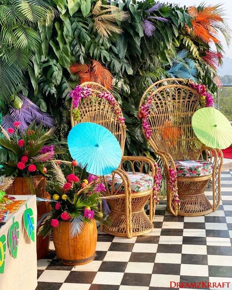 Wicker Chairs with minimalistic flowers by Dreamzkrraft Weddings-Mumbai. #canefurniture #wickerfurniture #mehendi #mehendidecor #tropicaldecors #tropicaltheme  #indianwedding #wedding #weddingdecor #indiandecor #southindianwedding #haldidecor #hindubride #teluguwedding #tamilwedding Wedding Theme Aesthetic, Mehendi Function, Mehendi Decor Ideas, Mehendi Decor, Indian Wedding Decor, Elegant Candle Holders, Flamingo Theme, Pastel Theme, Mehndi Decor