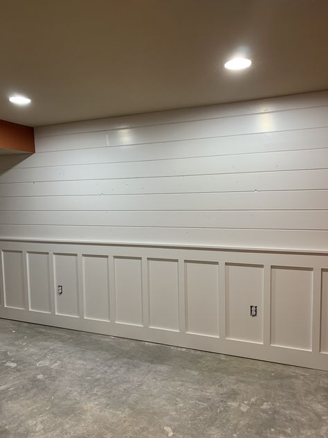 Basement Shiplap Accent Wall, Wood Paneling Laundry Room, Two Tone Shiplap Wall, Basement Shiplap Walls, Board And Batten Basement Walls, Wainscoting And Shiplap Together, Shiplap And Board And Batten Together, Shiplap Wall Basement, Rustic Board And Batten Wall