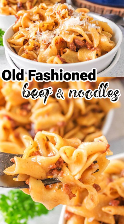 Old Fashioned Beef and Noodles - tender noodles in a yummy sauce! This one pot stovetop pasta dish is a meal your whole family will love! Stovetop Pasta, Beef Stroganoff Crockpot, Noodle Casserole Recipes, Homemade Egg Noodles, Beef Noodles, Roasted Green Beans, One Pot Pasta, Beef And Noodles, Crumbled Bacon