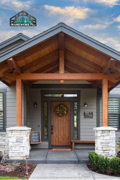 Timber Frame Porch Front Entry, Hybrid Timber Frame Homes, Portico Entry, Entryway Interior, Timber Trusses, Timber Frame Porch, Timber Truss, Timber Frame House, Timber Frame Home