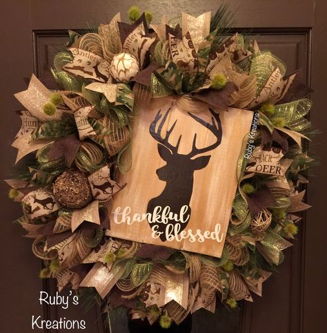 Hunting Wreath - Deer Wreath - Fall  Wreath - Thankful & Blessed Wreath - Thanksgiving Wreath Hunting Wreath Ideas, Hunting Bathroom, Outdoors Crafts, Deer Crafts, Crosses Crafts, Hunting Wreath, Deer Decorations, Diy Hunting, Fishing Wreath