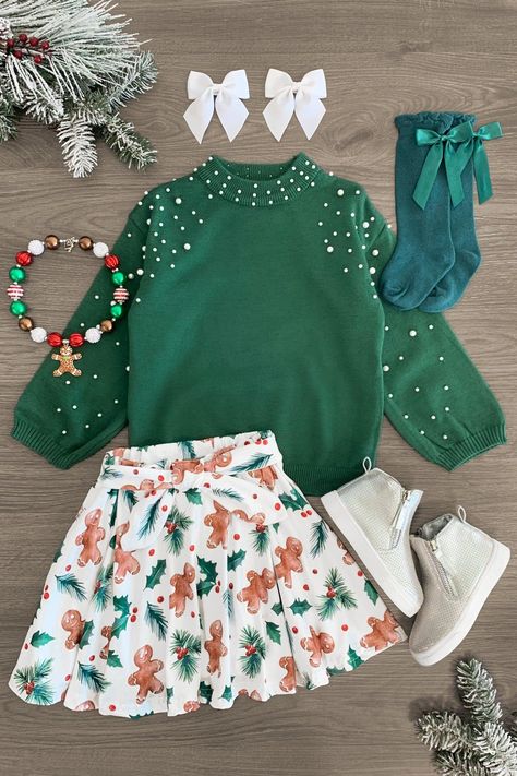 Holly Gingerbread Pearl Skirt Set Christmas Clothes Ideas For Women, Sibling Christmas Outfits, Christmas Clothes Kids, Christmas Outfit For Kids, Pearl Skirt, Kids Holiday Outfits, Holly Print, Cute Christmas Outfits, Kids Christmas Outfits