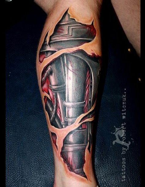 Bionic leg tattoo Biomech Tattoo, Biomechanical Tattoos, Best 3d Tattoos, Robot Tattoo, Best Leg Tattoos, Mechanic Tattoo, Biomechanical Tattoo, Tattoos Geometric, Latest Tattoos