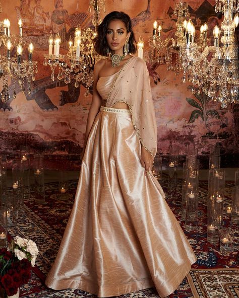 @manikjassal shared a photo on Instagram: “The Diwali 🪔 Edit . Become a ROSE GOLD Goddess in this look. Pair the One Shoulder Raw Silk Bustier in Rose Gold with the Classic MKJ Skirt…” • Nov 5, 2020 at 10:34pm UTC Rose Gold Saree Blouse Designs, Silk Lengha, Lengha Blouse, Gold Goddess, Bridesmaid Lehenga, Sangeet Outfit, Choli Blouse, Wedding Party Wear, Lengha Choli