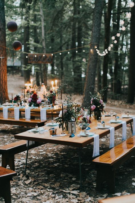 This camp wedding features a pale green DIY bridal gown, breathtaking elegant reception details, and easygoing personal vibes. Forest Wedding Reception, Summer Camp Wedding, Wedding Reception Dinner, England Summer, Romantic Outdoor Wedding, Viking Wedding, Wedding Reception Ideas, Woodsy Wedding, Reception Dinner