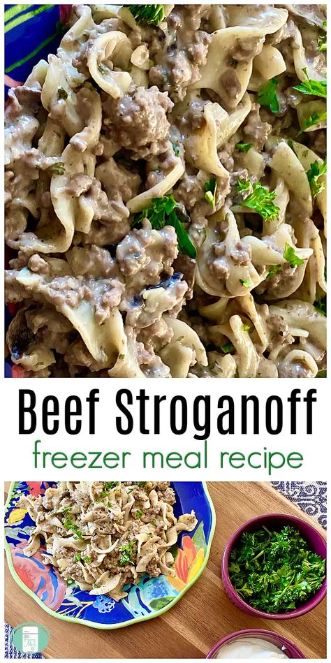 Beef Stroganoff is classic comfort food at its finest. This recipe can be made ahead as a freezer meal, making it easy and scrumptious. #comfortfood #easyrecipe #freezermeals101 #freezercooking #makeaheadmeals #makeahead #beefrecipes #beefstroganoff Beef Stroganoff Freezer Meal, Hamburger Freezer Meals, Beef Freezer Meals, Freeze Ahead Meals, Best Freezer Meals, Freezer Dinners, Ground Beef Stroganoff, Freezer Friendly Meals, Freezable Meals