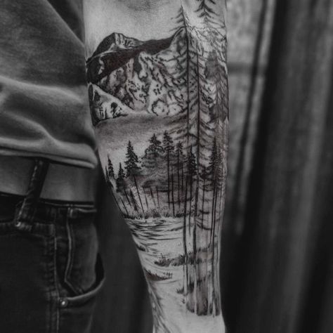 Mountain And Tree Tattoo, Natur Tattoo Arm, Tree Tattoo Ideas, Lake Tattoo, Forest Tattoo, Mountain Tattoo Design, Dark Mountains, Forest Tattoos, Landscape Tattoo