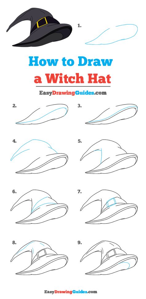 Witch Hat Drawing, Draw A Witch, Hat Drawing, Cartoon Witch, Wicked Costumes, Witch Drawing, Drawing Lesson, Drawing Cartoon Characters, Halloween Hats