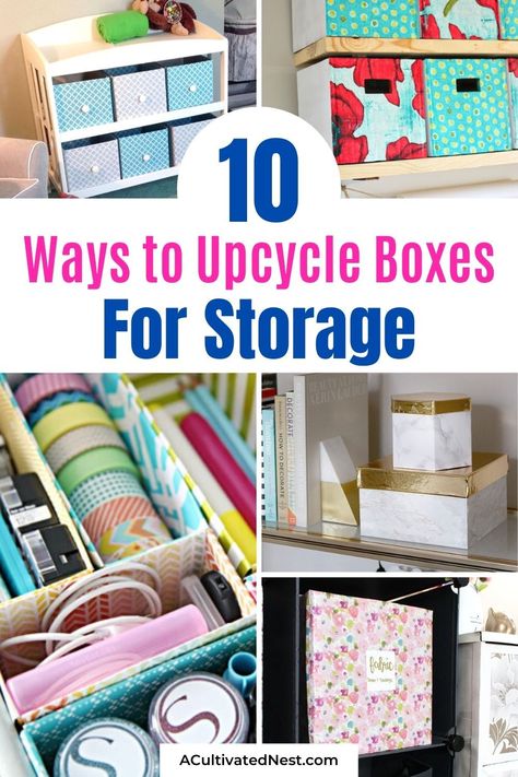 10 Clever Ways to Upcycle Boxes for Storage- An easy way to get your home organized on a budget is to use things you might otherwise throw out and upcycle them instead! For some frugal ideas, check out these clever ways to upcycle boxes for storage! | #organizing #diyOrganization #upcycle #upcycling #ACultivatedNest Upcycle Amazon Boxes, Diy Organizing Boxes, Upcycled Organization Diy Storage, Upcycling Organization Ideas, Diy Boxes For Storage, Upcycled Storage Ideas, Storage Boxes Ideas, Upcycle Boxes, Upcycled Organization