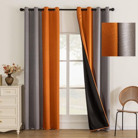 PRICES MAY VARY. 💗100% BLACKOUT: Finely crafted from high quality polyester fabric. These amazing solid curtain panels are sewn with black lining and absolutely block 100% sunlight, prevent 100% UV rays, reduce noise and give you 100% privacy. The best part is that they give you a real darkness for a good night sleep during the day! 💛 SIZE AND PACKAGING: Set includes 2 pieces of 52x96 inch blackout curtains. Each curtain has 8 grommets with an inner diameter of 1.6 inches (4 cm) and an outer d Fall Window Curtains Ideas, Fall Curtains Ideas, Grey And Orange Living Room Ideas, Burnt Orange And Grey Living Room, Orange And Gold Living Room Decor, Grey And Burnt Orange Living Room, Orange Apartment Decor, Orange And Gray Living Room, Orange Living Room Decor Ideas