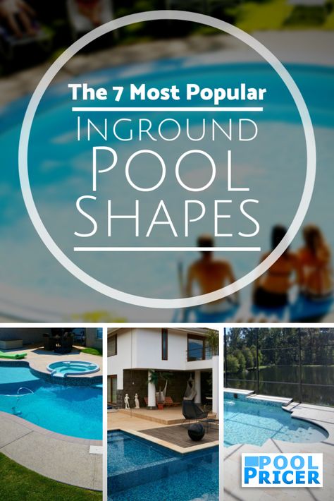 The most popular inground pool shapes, with pictures and descriptions. To find the best pool shape for you, keep an eye out for options that fit your home and lifestyle. Inground Pool Designs With Sun Shelf, Different Pool Shapes, Medium Size Pool Designs, Simple Inground Pool Ideas Backyards, Pool Sizes And Shapes, Types Of Inground Pools, Pool Installation Inground, 12x24 Pool Inground Ideas, Diy Inground Pool How To Build