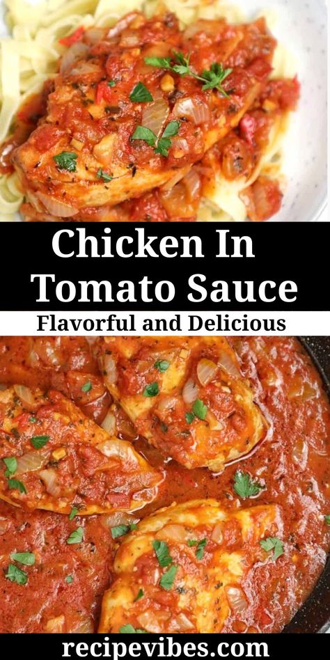 Skillet Chicken in tomato sauce recipe! This chicken breast in tomato sauce is packed full of flavor, moist, tender, healthy, easy, and quick. You can also use chicken thighs for this simple 30 minutes recipe. Chicken Thigh Tomato Sauce, Chicken In Tomato Cream Sauce, Chicken Tomato Recipes For Dinner, Red Sauce Chicken Recipes, Chicken Thigh Recipes With Tomatoes, Chicken And Canned Tomato Recipes, Chicken Pan Sauce Recipes, Chicken Tomato Sauce Recipes, Chicken And Red Sauce Recipes