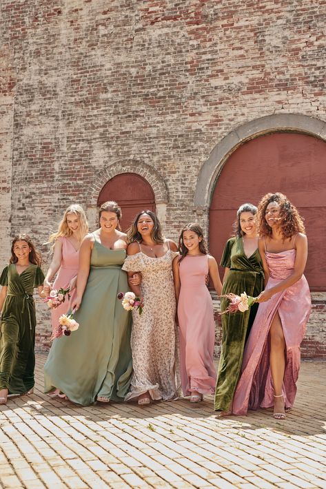 Colors like green and pink look great on your bridesmaids and are great spring wedding colors! Add in a floral bridesmaid dress for texture. Bridesmaids Dresses Same Color Different Style, Bridesmaid Dresses Same Color Different, Pink Bridesmaid Dresses Mismatched, Bridesmaid Dresses Different Colors, Mismatched Green Bridesmaid Dresses, Mix Match Bridesmaid Dresses, Bridesmaid Dress Trends, Davids Bridal Bridesmaid Dresses, Floral Bridesmaid Dresses