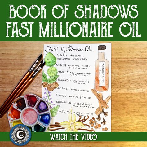 Hello my darlings. Please enjoy my latest YouTube video. In this video I create a page in my book of shadows. A Recipe for Fast Millionaire Oil. This spell oil can be used for drawing money, success, wealth and opportunities to you. Let’s do some magical crafting. #fastmillionaireoil #conjuroil #magicalcrafting #spelloil #witchcraft #wicca #bookofshadows #bos #grimoire #hoodoo #voodoo #conjur #rootwork Money Potion Recipe, Money Drawing Powder Recipe, Money Oil Recipes Hoodoo, Fast Cash Oil Recipe, Money Drawing Oil Recipe, Come To Me Oil Recipe Hoodoo, Hoodoo Delish Money, Success Oil Recipe, Money Herbs