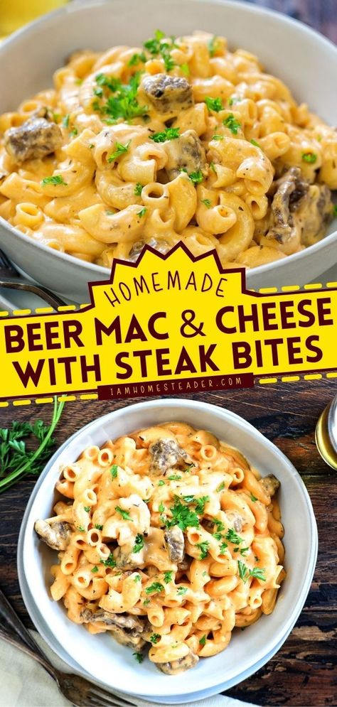 Beer Mac And Cheese With Steak Bites, Steak And Mac And Cheese, Steak Mac And Cheese, Beer Mac And Cheese, Best Mac And Cheese Recipe, Cooking Hobby, Beer Cheese Sauce, Macaroni Noodles, Best Mac N Cheese Recipe