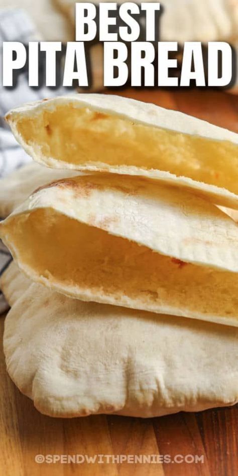 Homemade pita bread is easy to make and perfect for sandwiches and wraps. Soft and chewy pita bread bakes up quickly in the oven for warm and fresh snacking bread. #spendwithpennies #homemadepitabread #bread #recipe #easy #howtomake #best #greek #easy #quick #healthy #wholewheat Pita Bread Healthy Recipes, Recipe For Pita Bread, Flat Breads Recipe Easy, Best Pita Bread Recipe, Pita Bread Recipes, Easy Pita Bread Recipe, Pitta Bread Recipe, Greek Pita Bread, Breads Recipes