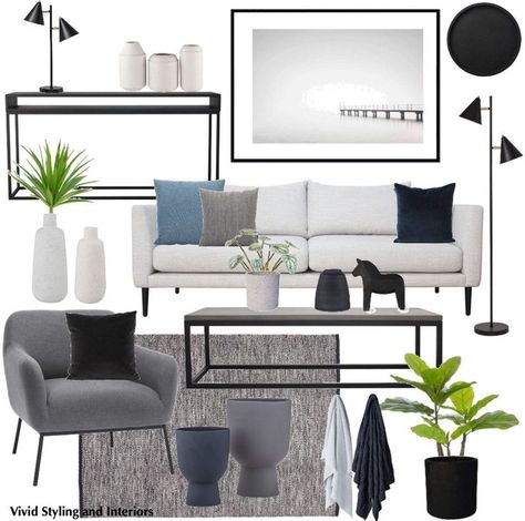 Modern Minimalist Living Room Mood Board, Living Room Design Board, Blue And Green Living Room, Modern Classic Living Room, Minimal Living Room, Living Room Themes, Home Decor Aesthetic, تصميم للمنزل العصري, Aesthetic Home Decor