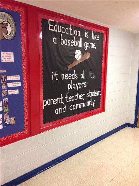 Parental involvement board Parent Resource Room, Child Education Quotes, School Sports Theme, Counseling Bulletin Boards, Sports Theme Classroom, School Hallway, Team Theme, Sports Classroom, Child Education