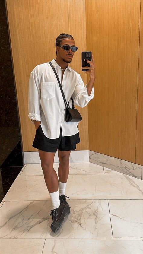 Men Chic Summer Outfit, Men Wearing Doc Martens, Dr Martin Low Outfit Men, Black Shirt And Black Shorts Outfit, Nonbinary Mens Fashion, Men’s Clothing Aesthetic Summer, White Button Up Summer Outfit, Doc Martens With Shorts Men, Mens White Button Down Outfit