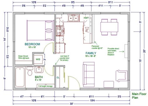 20x30 single story floor plan. One bedroom small house plan. Move the washer and dryer into the bathroom and make the bedroom closet bigger. Pelan Rumah Kecil, Pelan Lantai Rumah, Rumah Teres, 20x30 House Plans, Studio Apartment Floor Plans, Entryway Floor, Guest House Plans, House Plan With Loft, Pelan Rumah