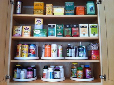 Tea cabinet Tea Bag Cabinet, Tea Cabinet Ideas, Tea Cabinet Organization, Vitamin Cabinet, Vitamin Organization, Nana Apartment, Wellness Organization, Tea Cupboard, Tea Bars