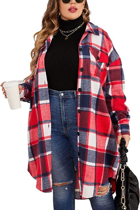 IN'VOLAND Womens Plus Size Flannel Plaid Shirts Long Sleeve Lounge Lapel Boyfriend Button Down Tartan Long Jacket Coats 24W Brown at Amazon Women’s Clothing store Long Checked Shirt Outfit Women, Ladies Oversized Shirt Outfit, Womens Flannel Shirts, Styling Checked Shirt Women, Checked Shirts Women Outfit, Checks Shirt Outfit, Flannel Shirts Women Outfits, Plus Size Button Down Shirt Outfit, Plaid Shirts Women Outfit