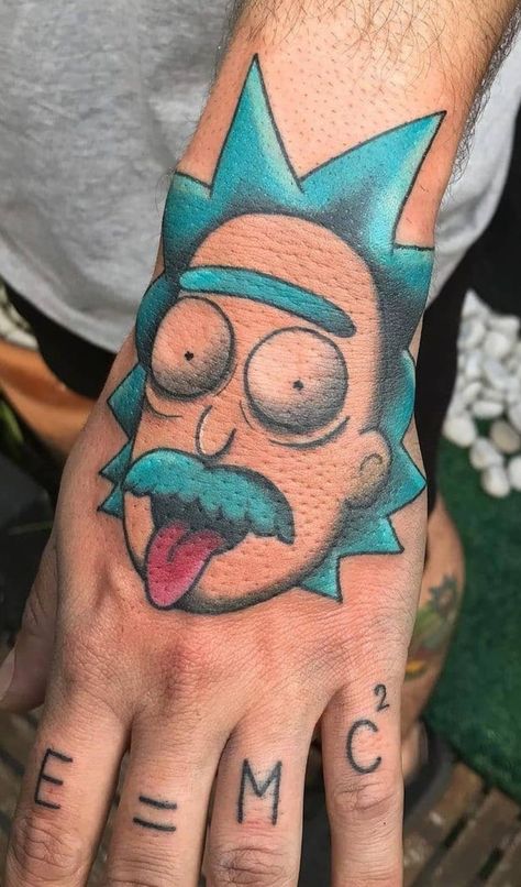 Rick and morty tattoo Rick And Morty Tattoo Stencil, Rick And Morty Tattoo Ideas, Rick Tattoo, Rick And Morty Tattoo, Rick I Morty, Skull Hand Tattoo, Animation Ideas, Alien Tattoo, Rick Sanchez