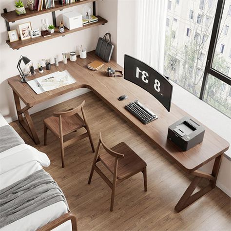 Corrigan Studio® Madis 3 Piece Solid Wood L-Shaped Desk And Chair Set Office Set with Chair | Wayfair L Shaped Desk Office, Fall Dining Room Table Decor, Solid Wood Office Desk, Fall Dining Room Table, Contemporary Writing Desk, L Shape Desk, Office Furniture Sets, Desk And Chair, Chair Wood