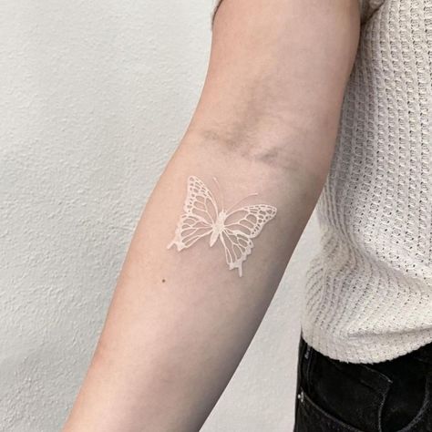 Ghost Butterfly Tattoo, White Ink Butterfly Tattoo, White Lightning Tattoo, White Tattoo Ideas, White Butterfly Tattoo, Berg Tattoo, Ink Butterfly, Stingray Tattoo, Oni Tattoo