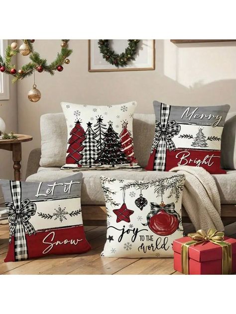 Merry Christmas Joy Xmas Trees Red Throw Pillow Covers, Christmas Winter Holiday Cushion Case Decoration For Sofa Couch Multicolor    Polyester     Event & Party Supplies, size features are:Bust: ,Length: ,Sleeve Length: Xmas Pillows, Holiday Living Room, Bow Pillows, Square Sofa, Holiday Throw Pillow, Christmas Cushion Covers, Red Throw, Farmhouse Christmas Tree, Xmas Trees