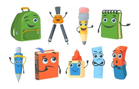 Bright school stationery characters flat... | Free Vector #Freepik #freevector #school #kids #education #character Admissions Poster, School Equipment, Friends Illustration, Happy Students, School Banner, Character Flat, Cartoon People, Online Lessons, Kid Character