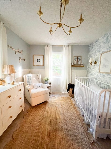 Long Nursery Layout, Grand Melinnial Nursery, Baby Room With Wallpaper, Hamptons Style Nursery, Grandmillenial Nursery Ideas, Vintage Chic Nursery, Timeless Nursery Ideas, French Nursery Ideas, Tiny Nursery Layout