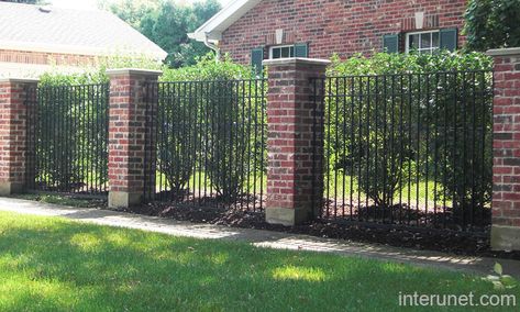 Brick And Metal Fence, Iron Gates Driveway, Brick Pillars, Brick Columns, Glass Fence, Fence Designs, Front Fence, Brick Fence, Pallet Fence